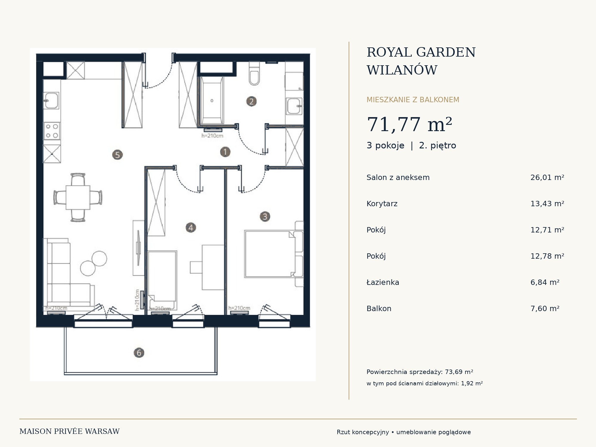 Rzut koncepcyjny mieszkania 71,77 m² w Royal Garden Wilanów — 3 pokoje, 2. piętro, balkon 7,60 m²