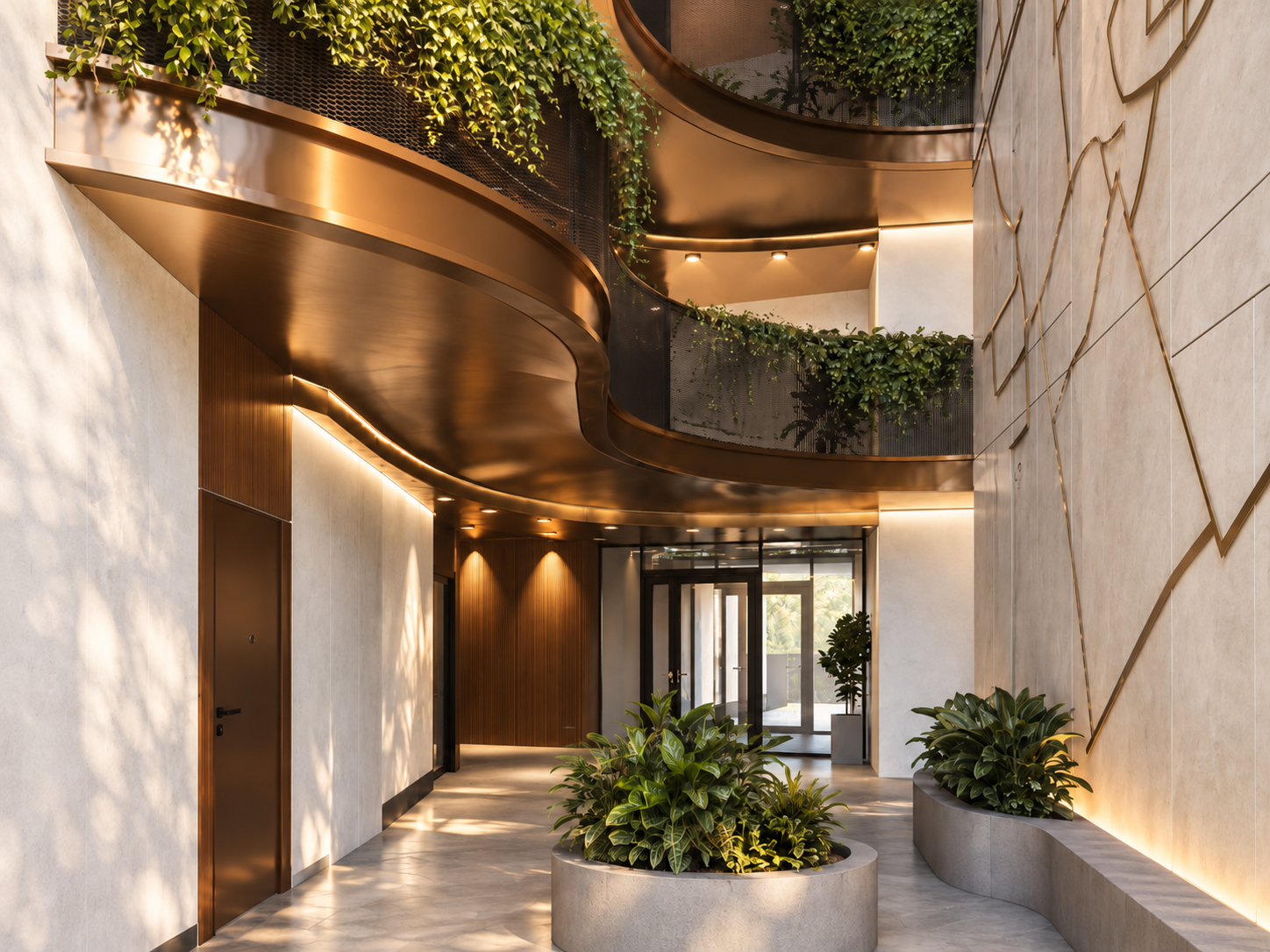 Wizualizacja lobby Royal Garden Wilanów — złote akcenty i zieleń