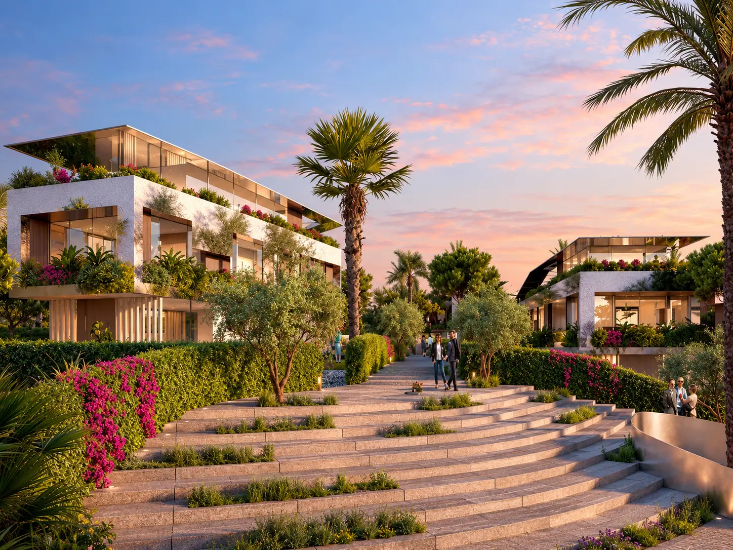 KARL LAGERFELD VILLAS Marbella — rezydencje przy zielonej alei o zachodzie słońca