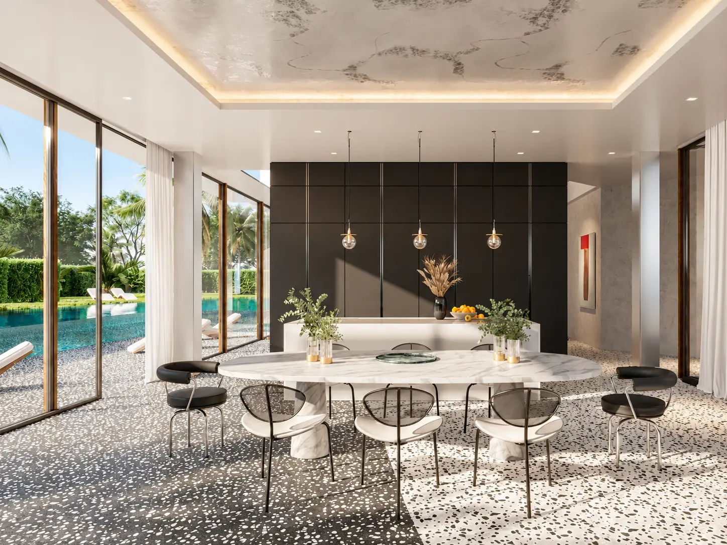 KARL LAGERFELD VILLAS Marbella — jadalnia i kuchnia z przeszkleniami na ogród i basen