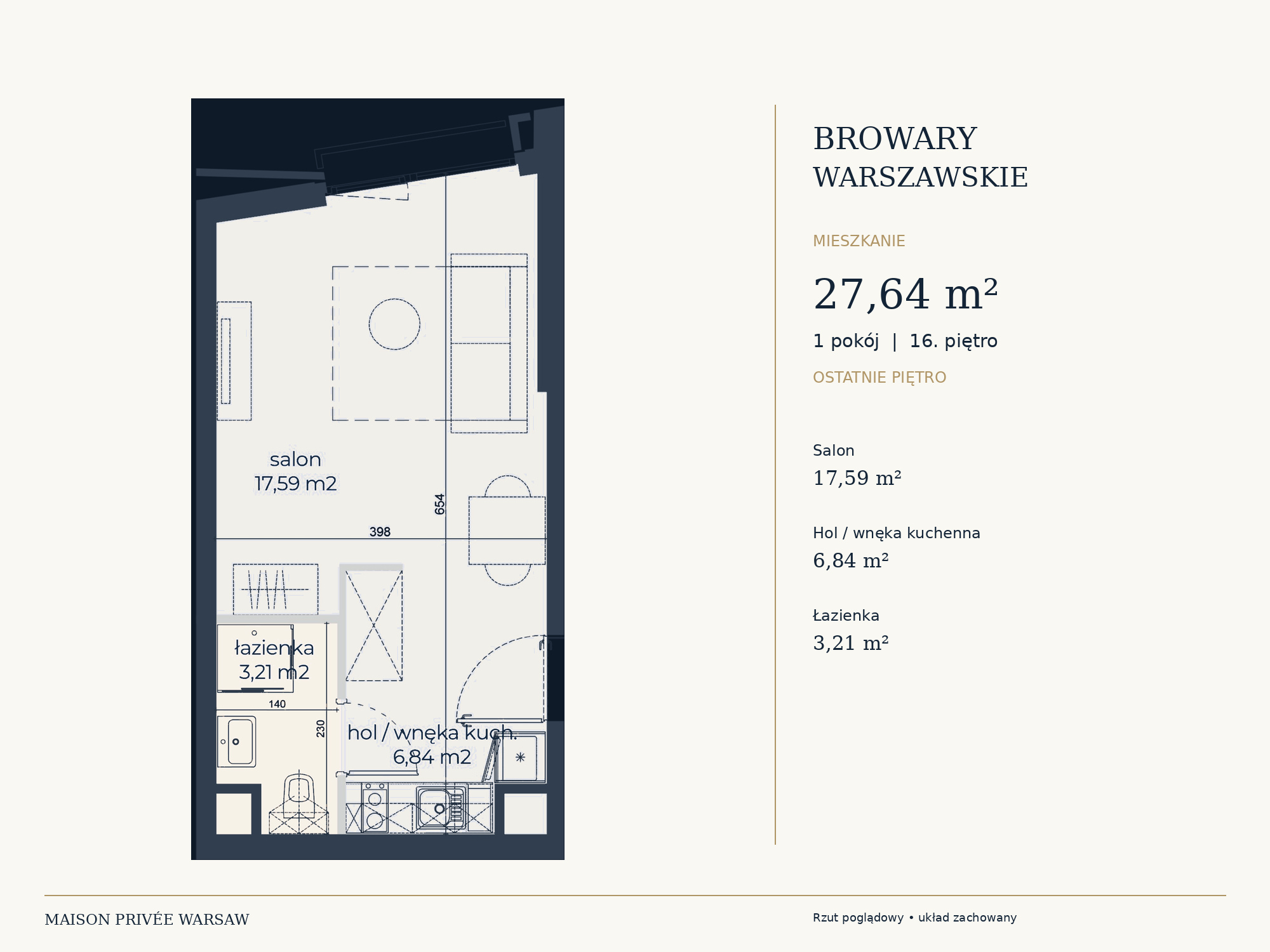 Rzut poglądowy mieszkania 27,64 m² w Browarach Warszawskich — salon 17,59 m², hol z wnęką kuchenną 6,84 m², łazienka 3,21 m², 16. piętro