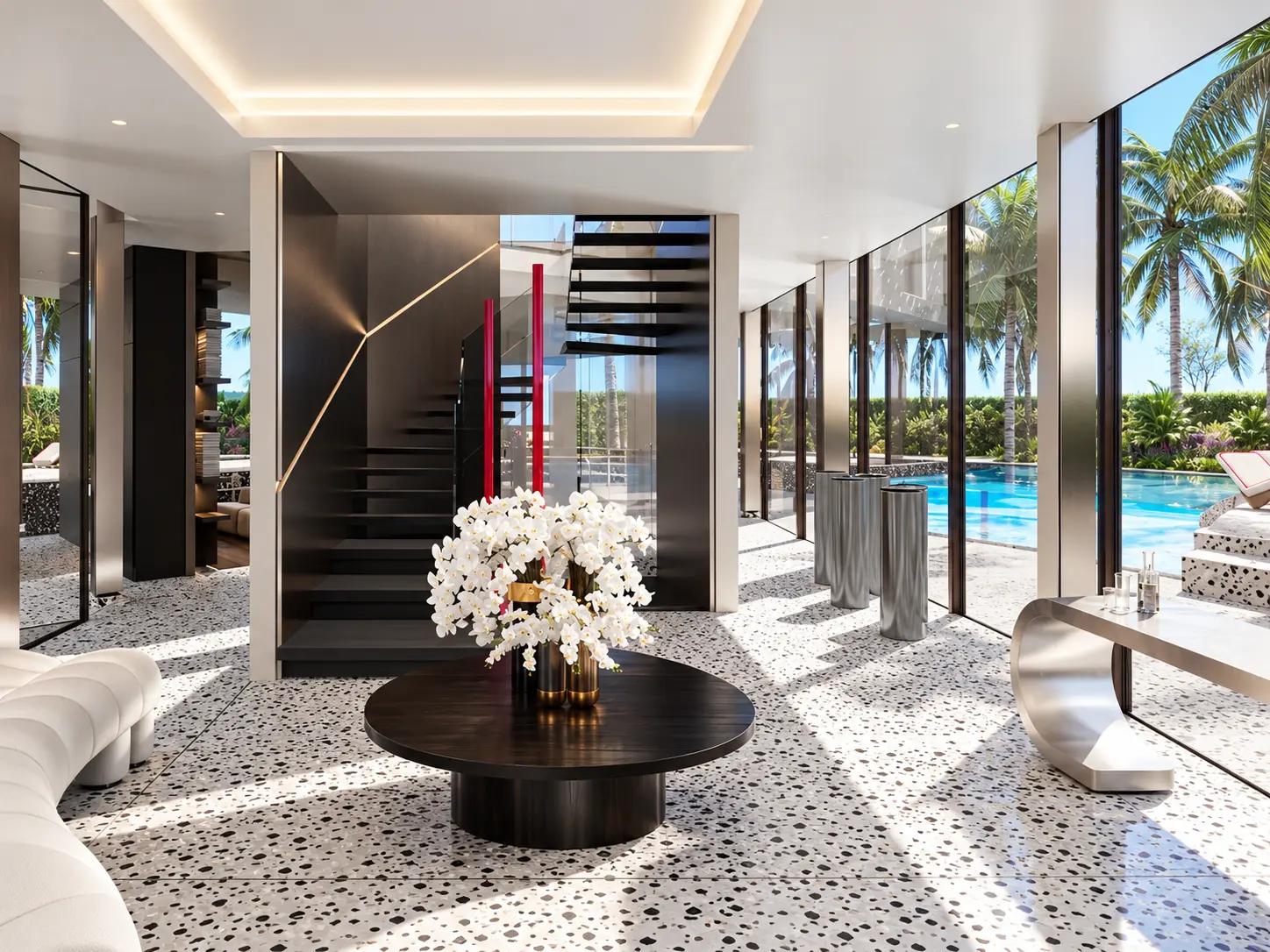 KARL LAGERFELD VILLAS Marbella — przeszklony hol ze schodami i widokiem na basen